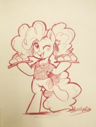 Size: 3456x4608 | Tagged: safe, artist:oofycolorful, imported from derpibooru, pinkie pie, earth pony, pony, semi-anthro, bipedal, blushing, clothes, dumplings, female, food, mare, one eye closed, plate, shirt, simple background, solo, traditional art, white background, wink