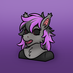 Size: 500x500 | Tagged: safe, artist:theonemangroup, imported from derpibooru, oc, oc:starless night (desolator), bat pony, undead, vampire, vampony, bust, clothes, costume, disguise, ears, ears up, empty eyes, eyelashes, fangs, female, gray coat, mare, mask, messy mane, meta, open mouth, ponysuit, scruff, scruffy, simple background, snout, solo, solo female, twitter, twitter link, two toned mane