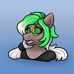 Size: 500x500 | Tagged: safe, artist:theonemangroup, imported from derpibooru, oc, oc only, oc:cutting edge, earth pony, brown coat, bust, clothes, costume, disguise, ears, ears up, earth pony oc, empty eyes, eyelashes, female, latex, mare, mask, meta, open mouth, ponysuit, rubber, simple background, snout, solo, solo female, twitter, twitter link, two toned mane