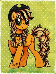 Size: 1536x2048 | Tagged: safe, artist:dariarchangel, imported from derpibooru, applejack, earth pony, pony, adorable face, alternate accessories, alternate design, alternate hair color, alternate hairstyle, alternate mane color, alternate tail color, alternate tailstyle, applejack also dresses in style, applepunk, beads, blonde, blonde hair, blonde mane, blonde tail, bracelet, braid, braided pigtails, braided tail, c:, choker, cowboy hat, cute, cute face, cute smile, dyed hair, dyed mane, dyed tail, ear piercing, earring, emojack, female, freckles, glittery cutie mark, goth, gothic applejack, green eyes, hat, jackabetes, jewelry, leather, mare, mascara, necklace, orange coat, patterned background, pearl bracelet, pearl necklace, piercing, pigtails, polka dots, raised hoof, ring, smiling, solo, spiked choker, spiked wristband, stetson, tail, tied hair, tied mane, tied tail, traditional art, two toned hair, two toned mane, two toned tail, wristband