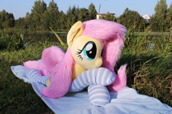 Size: 1915x1273 | Tagged: safe, artist:nakedskull, imported from derpibooru, fluttershy, pegasus, pony, clothes, fluttershy plushie, forelegs crossed, irl, lying down, nature, outdoors, photo, plushie, prone, socks, solo, striped socks, water