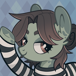 Size: 2048x2048 | Tagged: safe, artist:1mangosta1, imported from derpibooru, oc, oc only, oc:ponysona, earth pony, pony, base used, brown eyes, brown mane, clothed ponies, clothes, eyebrows, female, green pony, icon, looking at you, patterned background, ponysona, purple background, raised hoof, side eye, simple background, smiling, smiling at you, solo, solo female