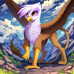 Size: 1408x1408 | Tagged: safe, imported from derpibooru, gilda, griffon, ai content, ai generated, anonymous prompter, beak, cloud, mountain, open beak, open mouth, outdoors, raised leg, solo, spread wings, wings