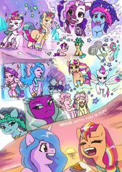 Size: 853x1200 | Tagged: safe, artist:frank3dz, imported from derpibooru, hitch trailblazer, izzy moonbow, opaline arcana, pipp petals, queen haven, sunny starscout, zipp storm, alicorn, dragon, earth pony, pegasus, pony, unicorn, alphabittle blossomforth, alphahaven, applejack (g5), artificial horn, artificial wings, augmented, baby, baby dragon, eyes closed, female, fluttershy (g5), flying, g5, grin, horn, jazz hooves, magic, magic horn, magic wings, male, mane five, mane six (g5), mare, misty brightdawn, music notes, open mouth, open smile, pinkie pie (g5), posey bloom, race swap, rainbow dash (g5), rarity (g5), rockjazz, rocky riff, shipping, smiling, sparky sparkeroni, stallion, straight, sunnycorn, sunset, twilight sparkle (g5), violette rainbow, windy, wings