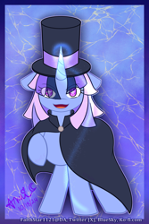 Size: 1728x2592 | Tagged: safe, artist:faithstar1121, imported from derpibooru, oc, oc only, oc:flawless sparklemoon, pony, unicorn, cape, clothes, female, fusion, fusion:trixie, fusion:twilight sparkle, fusion:twixie, hat, horn, magic, mare, my little pony the movie: the death of twilight sparkle, simple background, smiling, solo, starry eyes, top hat, wingding eyes