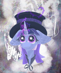 Size: 1700x2048 | Tagged: safe, artist:toxicalgaebloom, imported from derpibooru, oc, oc only, oc:flawless sparklemoon, pony, unicorn, bust, female, fusion, fusion:trixie, fusion:twilight sparkle, fusion:twixie, hat, horn, mare, my little pony the movie: the death of twilight sparkle, portrait, simple background, smiling, solo, starry eyes, top hat, wingding eyes