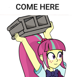 Size: 948x1015 | Tagged: safe, artist:scraggleman, imported from derpibooru, sour sweet, equestria girls, bow, cinder block, freckles, meme, my little pony equestria girls: friendship games, solo