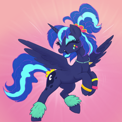 Size: 2400x2400 | Tagged: safe, artist:t72b, imported from derpibooru, princess luna, alicorn, pony, 80s princess luna, alternate hairstyle, bracelet, cute, dancing, ethereal mane, eyes closed, eyeshadow, female, freckles, happy, jewelry, lunabetes, makeup, mare, necklace, open mouth, open smile, ponytail, raised leg, smiling, solo, spread wings, standing, standing on one leg, starry mane, tail, tail wrap, wings