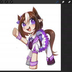 Size: 1620x1620 | Tagged: safe, artist:yuxiangmuer, imported from derpibooru, earth pony, pony, anime, art program in frame, open mouth, ponified, procreate app, solo, special week, uma musume pretty derby, wip