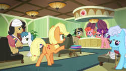 Size: 1280x720 | Tagged: safe, imported from derpibooru, screencap, applejack, caligula (character), filthy rich, little boot, peachy plume, pokey oaks, screw loose, spoiled rich, earth pony, pegasus, where the apple lies, crutches, female, geneva convention violation, hospital, mare, photo, spoiled milk, teenage applejack, teenager, waving, younger