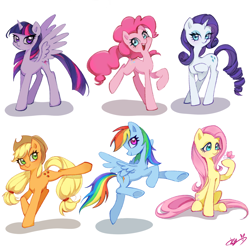 Size: 1680x1680 | Tagged: safe, artist:yuxiangmuer, imported from derpibooru, applejack, fluttershy, pinkie pie, rainbow dash, rarity, twilight sparkle, alicorn, earth pony, pegasus, pony, unicorn, concave belly, female, horn, mane six, mare, simple background, slender, thin, twilight sparkle (alicorn), white background