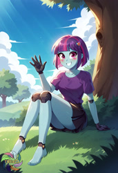 Size: 2496x3648 | Tagged: safe, imported from derpibooru, sunny flare, human, robot, ai content, ai generated, black skirt, clothes, feet, female, generator:civitai, grass, looking at you, prompter:trux23, shirt, sitting, skirt, tree, waving, waving at you