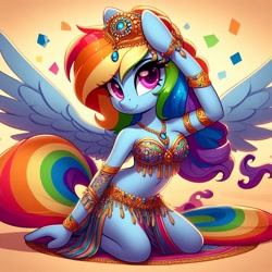 Size: 1024x1024 | Tagged: safe, imported from derpibooru, rainbow dash, anthro, pegasus, ai content, ai generated, belly, belly button, belly dancer, belly dancer outfit, breasts, female, jewelry, kneeling, prompter:lyraheart4, solo, spread wings, wings