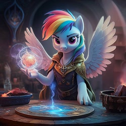 Size: 1024x1024 | Tagged: safe, imported from derpibooru, rainbow dash, anthro, pegasus, ai content, ai generated, clothes, fantasy, female, generator:ideogram 1.0, looking at you, magic the gathering, prompter:creepystares, solo, spread wings, wings