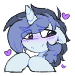 Size: 284x291 | Tagged: safe, artist:flixanoa, imported from derpibooru, oc, oc only, oc:fef, pony, unicorn, big eyes, blue coat, blush lines, blushing, bust, ear fluff, ear piercing, eye clipping through hair, eyebrows, eyebrows visible through hair, floating heart, floppy ears, fluffy mane, gauges, gray eyes, heart, hooves together, horn, light blue coat, looking away, male, male oc, piercing, ponysona, purple blush, shaggy mane, simple background, smiling, solo, stallion oc, sticker, telegram sticker, thick horn, transparent background, two toned mane, unicorn horn