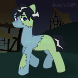 Size: 4000x4000 | Tagged: safe, artist:desire0884, imported from derpibooru, oc, oc only, unnamed oc, earth pony, pony, undead, zombie, zombie pony, commission open, dark background, male, multicolored eyes, multicolored skin, night, nightmare night, pony oc, ponyville background, selling, solo, stallion, stallion oc, walking