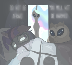 Size: 1200x1087 | Tagged: safe, artist:shrimpshogun, imported from derpibooru, owlowiscious, princess celestia, twilight sparkle, alicorn, alien, alien pony, bird, owl, pony, unicorn, abduction, alien abduction, bedroom, bedside, door, doorway, fear, gray, grey alien, halloween, holiday, horn, mlp fim's fourteenth anniversary, night, scared, scary, shadow, terrified, terror, text