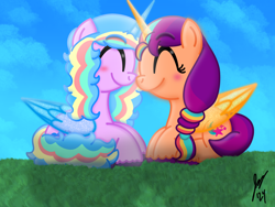 Size: 2160x1620 | Tagged: safe, artist:jesslmc16, imported from derpibooru, izzy moonbow, sunny starscout, alicorn, pony, alicornified, alternate hairstyle, artificial horn, artificial wings, augmented, cloud, duo, duo female, eyes closed, female, g5, grass, horn, izzy rainbow, lesbian, looking at each other, looking at someone, lying down, mane stripe sunny, mare, moonscout, race swap, shipping, sky, smiling, smiling at each other, wings