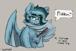 Size: 2047x1375 | Tagged: safe, artist:reddthebat, imported from derpibooru, oc, oc only, oc:alaska (reddthebat), ghost, ghost pony, pegasus, pony, undead, arrow, blood, bust, chest fluff, dialogue, female, gray background, lidded eyes, looking at you, mare, signature, simple background, smiling, smiling at you, smug, solo, speech bubble