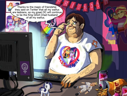 Size: 1650x1250 | Tagged: safe, imported from ponybooru, brony, brown hair, can, clothes, cristiano ronaldo, desk, desktop, dialogue, fat, food, green eyes, happy, keyboard, male, meme, poster, shirt, solo, solo male, toy, toy rarity