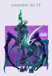 Size: 1280x1859 | Tagged: safe, artist:zackchibi, imported from derpibooru, queen chrysalis, changeling, changeling queen, spider, clothes, costume, deviantart watermark, female, glowing, glowing horn, horn, mare, monster, obtrusive watermark, open mouth, ponytober, ponytober 2024, signature, solo, watermark