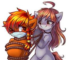 Size: 4164x3508 | Tagged: safe, alternate version, artist:chaosangeldesu, imported from derpibooru, oc, oc only, oc:flaming hoof, earth pony, pegasus, pony, bondage, commission, duo, one eye closed, one eye open, rope, rope bondage, simple background, sketch, transparent background