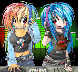 Size: 1570x1450 | Tagged: safe, imported from derpibooru, dj pon-3, rainbow dash, vinyl scratch, human, clothes, dubstep, headphones, humanized, smiling