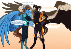 Size: 3132x2164 | Tagged: safe, artist:blackblood-queen, imported from derpibooru, oc, oc only, oc:buck shot, oc:smokescreen, anthro, pegasus, unguligrade anthro, anthro oc, commission, competition, crossed arms, dialogue, digital art, facial hair, gradient background, looking at each other, looking at someone, male, pegasus oc, racing suit, smiling, speech bubble, spread wings, stallion, wings