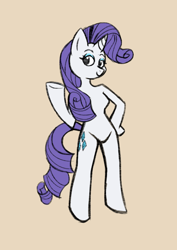 Size: 2894x4093 | Tagged: safe, artist:evilrida, imported from derpibooru, rarity, anthro, unguligrade anthro, unicorn, arm hooves, barbie doll anatomy, beige background, breasts, featureless breasts, featureless crotch, female, high res, hoof on hip, horn, looking at you, mare, pose, raised hoof, simple background, smiling, solo, standing