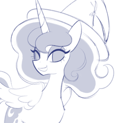 Size: 1590x1677 | Tagged: safe, artist:risswm, imported from derpibooru, princess luna, alicorn, pony, female, hat, lidded eyes, mare, monochrome, no catchlights, open mouth, open smile, simple background, smiling, solo, white background, witch hat