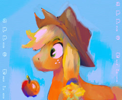 Size: 1236x1017 | Tagged: safe, artist:punkittdev, imported from derpibooru, applejack, earth pony, pony, apple, bust, female, food, mare, painterly, profile, solo, text