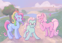 Size: 2048x1430 | Tagged: safe, artist:starryducks, imported from derpibooru, minty, pinkie pie (g3), rainbow dash (g3), butterfly, earth pony, pony, butterfly on nose, eyes closed, female, g3, grin, insect on nose, mare, no pupils, outdoors, signature, smiling, trio, trio female