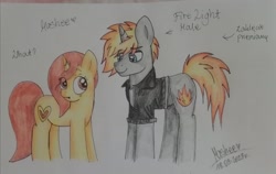 Size: 2974x1874 | Tagged: safe, artist:mashee, imported from derpibooru, oc, oc:fire light, oc:mashee, unicorn, blue eyes, blushing, boyfriend and girlfriend, brown eyes, brown mane, clothes, duo, duo male and female, female, girlfriend, height difference, horn, jacket, leather, leather jacket, looking at each other, looking at someone, male, mane of fire, pencil drawing, photo, rule 63, shocked, shocked expression, simple background, spell, tail, tail of fire, traditional art, transformation, white background