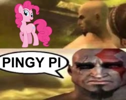 Size: 562x444 | Tagged: safe, edit, imported from derpibooru, pinkie pie, earth pony, pony, duo, god of war, kratos, male, meme, misspelling