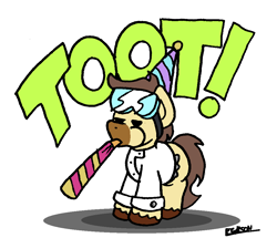 Size: 996x856 | Tagged: safe, artist:bobthedalek, imported from derpibooru, oc, oc only, oc:caspasin42, earth pony, pony, goggles, goggles on head, hat, party hat, party horn