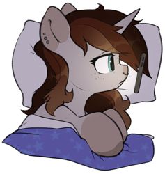 Size: 850x898 | Tagged: safe, artist:spoopygander, imported from derpibooru, oc, oc only, oc:spipples, pony, unicorn, bed, cute, ear piercing, earring, female, freckles, horn, jewelry, mare, markings, nose piercing, nose ring, phone, piercing, pillow, sad, solo