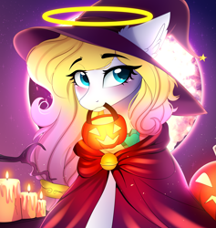 Size: 4087x4307 | Tagged: safe, artist:2pandita, imported from derpibooru, oc, oc only, oc:angel light, pony, candle, halo, hat, moon, mouth hold, night, outdoors, pumpkin bucket, solo, witch hat