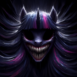 Size: 4096x4096 | Tagged: safe, imported from twibooru, twilight sparkle, pony, unicorn, ai content, ai generated, anonymous prompter, dark, dark eyes, generator:bing image creator, generator:dall-e 3, horror, image, long mane, png, sharp teeth, solo, teeth, twilight snapple