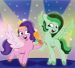 Size: 1801x1633 | Tagged: safe, artist:prixy05, imported from derpibooru, pipp petals, oc, oc:eden shallowleaf, pegasus, pony, commission, duo, duo female, female, g5, mare, microphone, my little pony: tell your tale, singing, spotlight, spread wings, wings