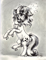 Size: 1653x2145 | Tagged: safe, artist:gaelledragons, imported from derpibooru, oc, oc only, pony, unicorn, black and white, female, grayscale, horn, mare, monochrome, rearing, solo, traditional art, unshorn fetlocks