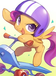 Size: 688x937 | Tagged: safe, artist:ciciya, imported from derpibooru, scootaloo, pegasus, pony, badass, badass adorable, blank flank, cute, cutealoo, female, filly, foal, gradient background, helmet, looking at you, open mouth, open smile, scooter, smiling, smiling at you, solo, spread wings, wings