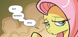 Size: 1225x585 | Tagged: safe, edit, imported from derpibooru, fluttershy, pony, dialogue, female, hot monkey dick, mare, speech bubble, text