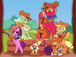 Size: 2521x1907 | Tagged: safe, artist:prixy05, imported from derpibooru, apple bloom, applejack, big macintosh, granny smith, sugar belle, winona, dog, earth pony, pony, unicorn, apple family, applejack's hat, backdrop, band, bandana, banjo, bass guitar, bow, box, brother and sister, clothes, cowboy hat, curtains, family band, female, fiddle, fiddle bow, filly, foal, frying pan, g4 to g5, g5, generation leap, granny smith's shawl, guitar, harmonica, hat, horn, husband and wife, male, mare, musical instrument, my little pony: tell your tale, rocking chair, scarf, siblings, sisters, stage, stallion, standing on two hooves, tail, tail bow, tell your tale accurate