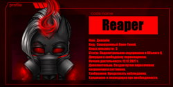 Size: 2929x1471 | Tagged: safe, artist:darklight1315, imported from derpibooru, pony of shadows, oc, oc only, oc:decline, oc:reaper, fallout equestria, cyrillic, fallout equestria: mayday, magic, profile, red eyes, respirator, solo