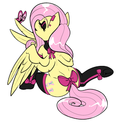 Size: 1000x1000 | Tagged: safe, artist:twoshoesmcgee, imported from derpibooru, fluttershy, butterfly, pegasus, bow, clothes, collar, female, goth, lipstick, makeup, piercing, simple background, socks, solo, transparent background