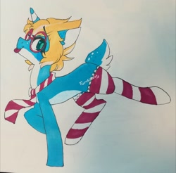 Size: 3028x2976 | Tagged: safe, artist:amiicommissions, imported from derpibooru, oc, oc:anahi, pony, unicorn, clothes, deer tail, female, glasses, horn, mare, necktie, socks, solo, striped socks, tail, tongue out, traditional art