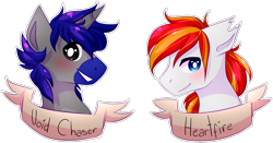 Size: 1571x822 | Tagged: safe, artist:amiicommissions, imported from derpibooru, oc, oc only, oc:heartfire, oc:void chaser, pegasus, pony, unicorn, bust, horn, male, portrait, simple background, stallion, transparent background