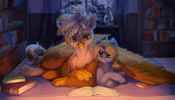 Size: 1024x585 | Tagged: safe, artist:peachmayflower, imported from derpibooru, oc, oc only, oc:art's desire, oc:ember burd, griffon, pony, unicorn, book, commission, detailed background, duo, eared griffon, female, griffon oc, horn, hug, male, mare, night, paw pads, paws, reading, size difference, talons, wing blanket, winghug, wings