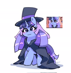 Size: 2007x2048 | Tagged: safe, artist:leo19969525, imported from derpibooru, oc, oc:flawless sparklemoon, pony, unicorn, :3, cloak, clothes, female, fusion, fusion:trixie, fusion:twilight sparkle, fusion:twixie, hat, horn, looking at you, mare, my little pony the movie: the death of twilight sparkle, simple background, solo, starry eyes, top hat, white background, wingding eyes