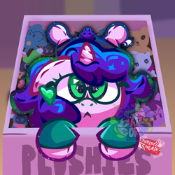 Size: 3840x3840 | Tagged: safe, artist:endercatcore, imported from derpibooru, oc, oc only, oc:artshine aura, original species, plush pony, pony, unicorn, box, glasses, horn, looking up, nonbinary oc, plushie, solo, unicorn oc